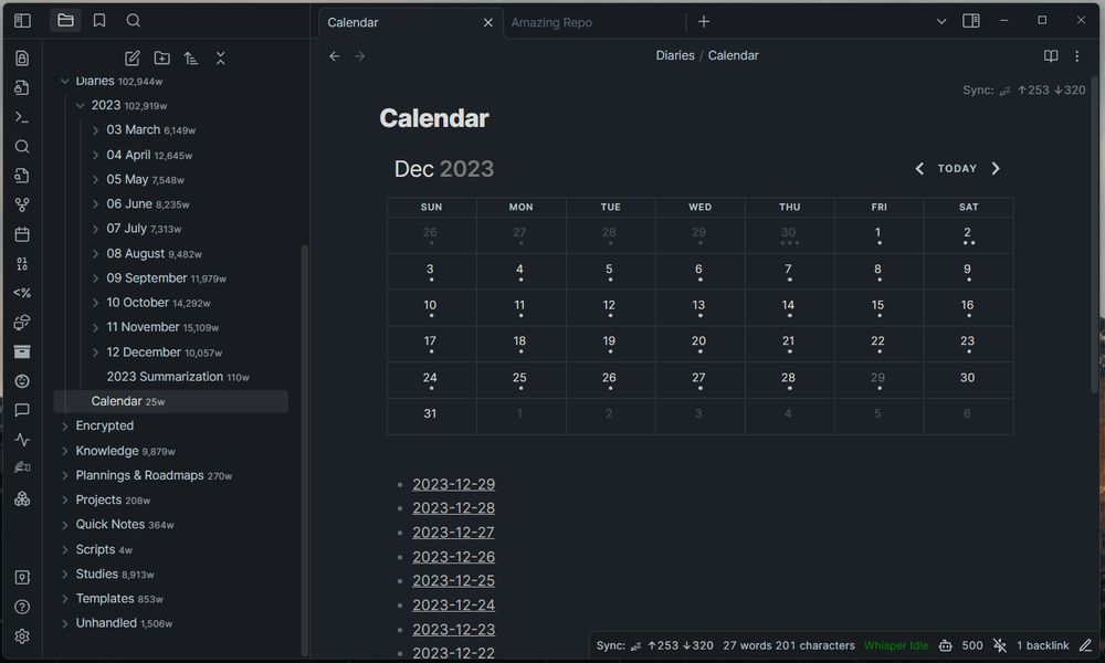 Screenshot of Obsidian used for digital journaling